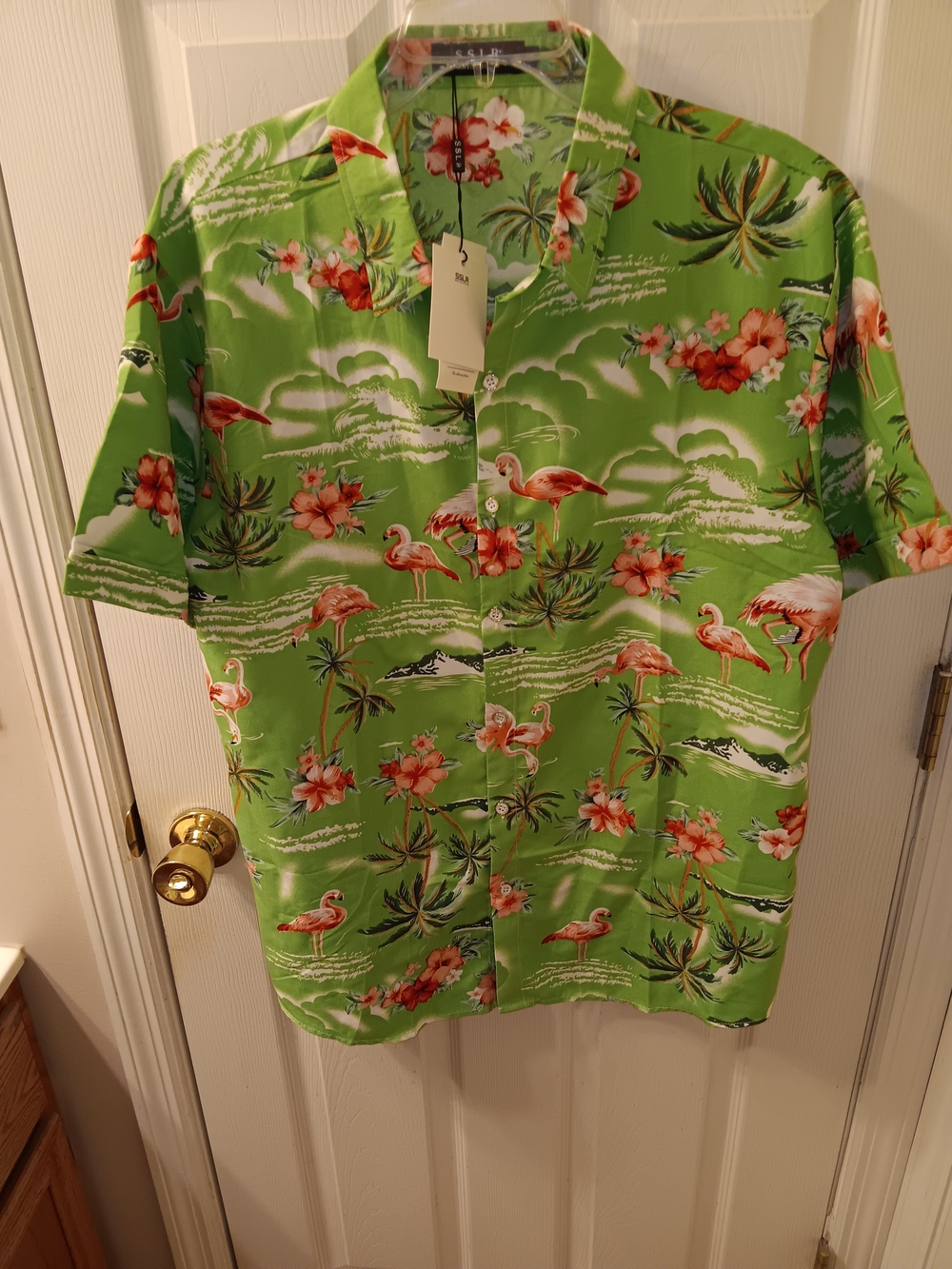 SSLR Flamingo Hawaiian Print Green Short Sleeve Shirt Brand New Men's Sz Large